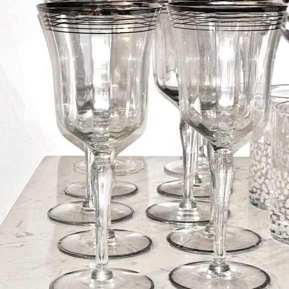 8 Anchor Hocking Optic Wine Glasses Gilt Platinum Banding Vintage '80s Art  Deco